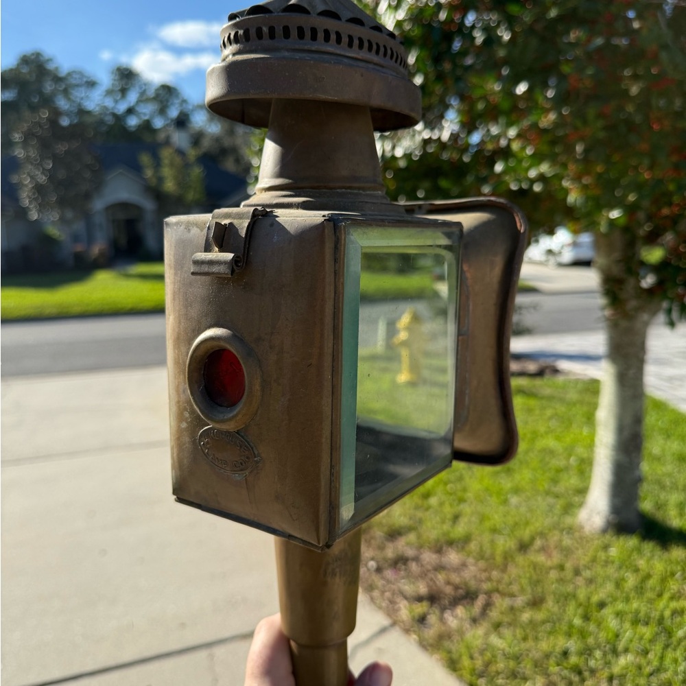Vintage Brass Lantern with Red and Clear Glass